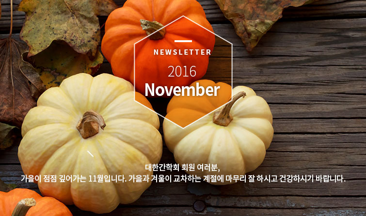 Newsletter 2016 November 대한간학회 회원 여러분, 가을이 점점 깊어가는 11월입니다. 가을과 겨울이 교차하는 계절에 마무리 잘 하시고 건강하시기 바랍니다.
