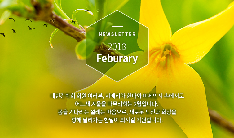 Newsletter 2018 Feburary  대한간학회 회원 여러분, 시베리아 한파와 미세먼지 속에서도 어느새 겨울을 마무리하는 2월입니다. 봄을 기다리는 설레는 마음으로, 새로운 도전과 희망을 향해 달려가는 한달이 되시길 기원합니다.